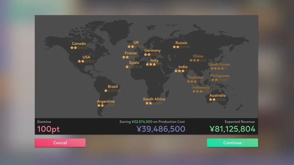 A world tour map with cities and expected revenue