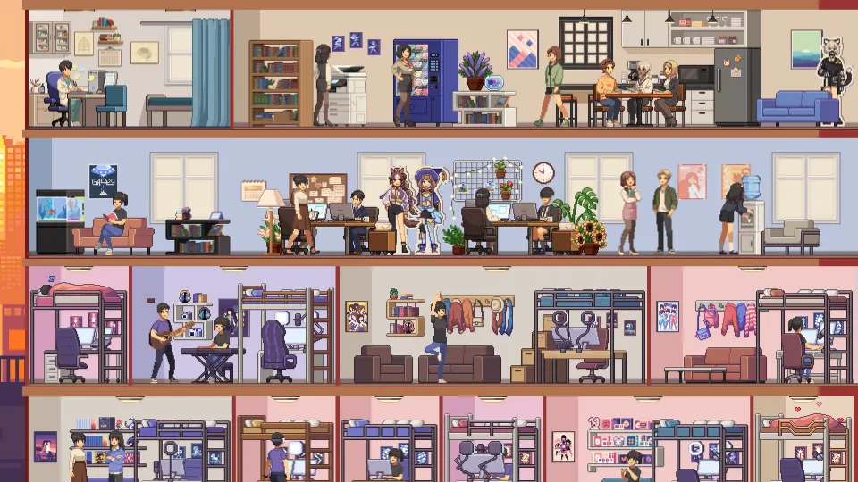 A cutaway of the agency building: offices, a studio floor and streamer dorm rooms