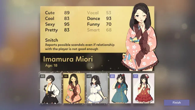 An idol's card: cute, cool, sexy and pretty ratings, with her traits