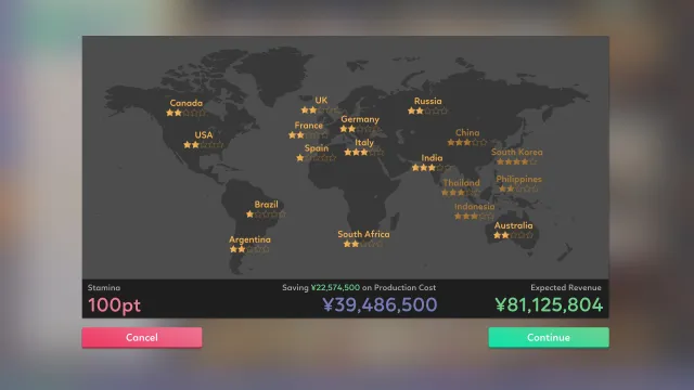 A world tour map with cities and expected revenue